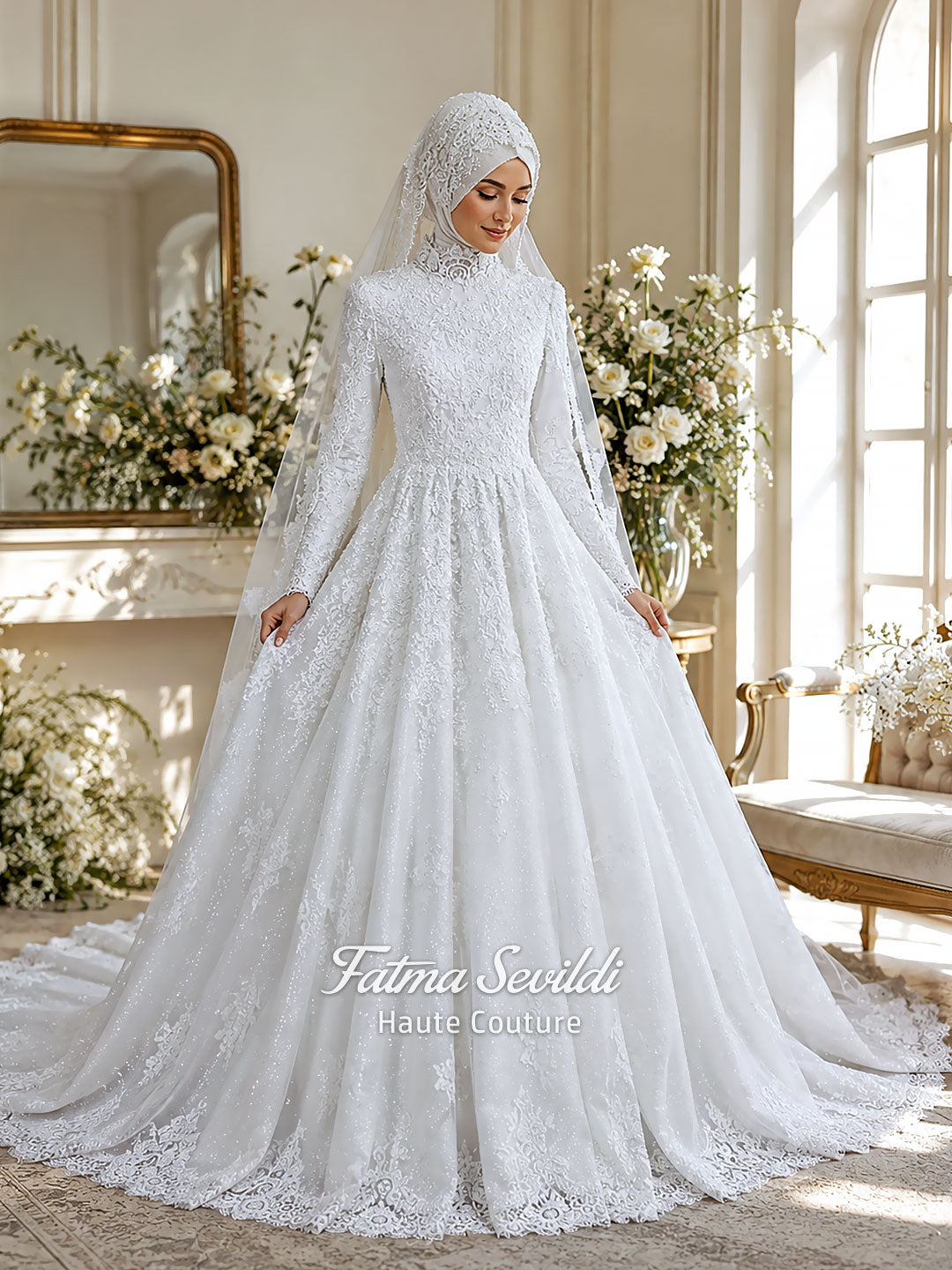 Luxury Hijab Wedding Dress Veiled Sparkle Tulle Long Sleeve Modest Bridal Gown 46 / White