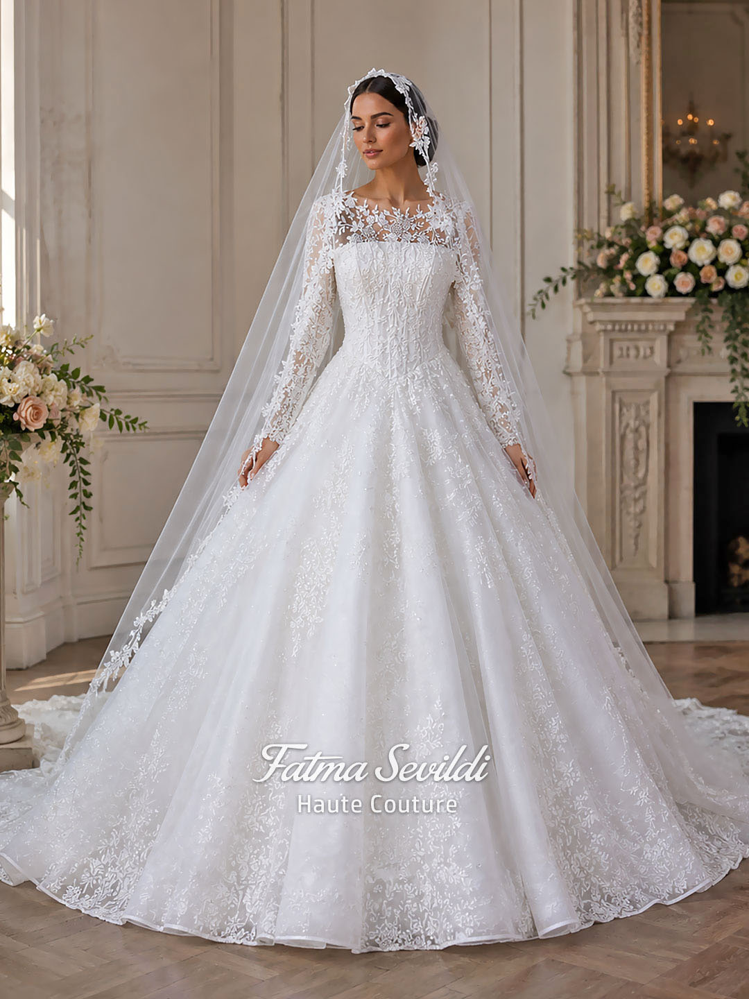 Elegant Modest Wedding Dress Long Sleeve Beaded Lace Princess Bridal Gown Veiled 38 / White