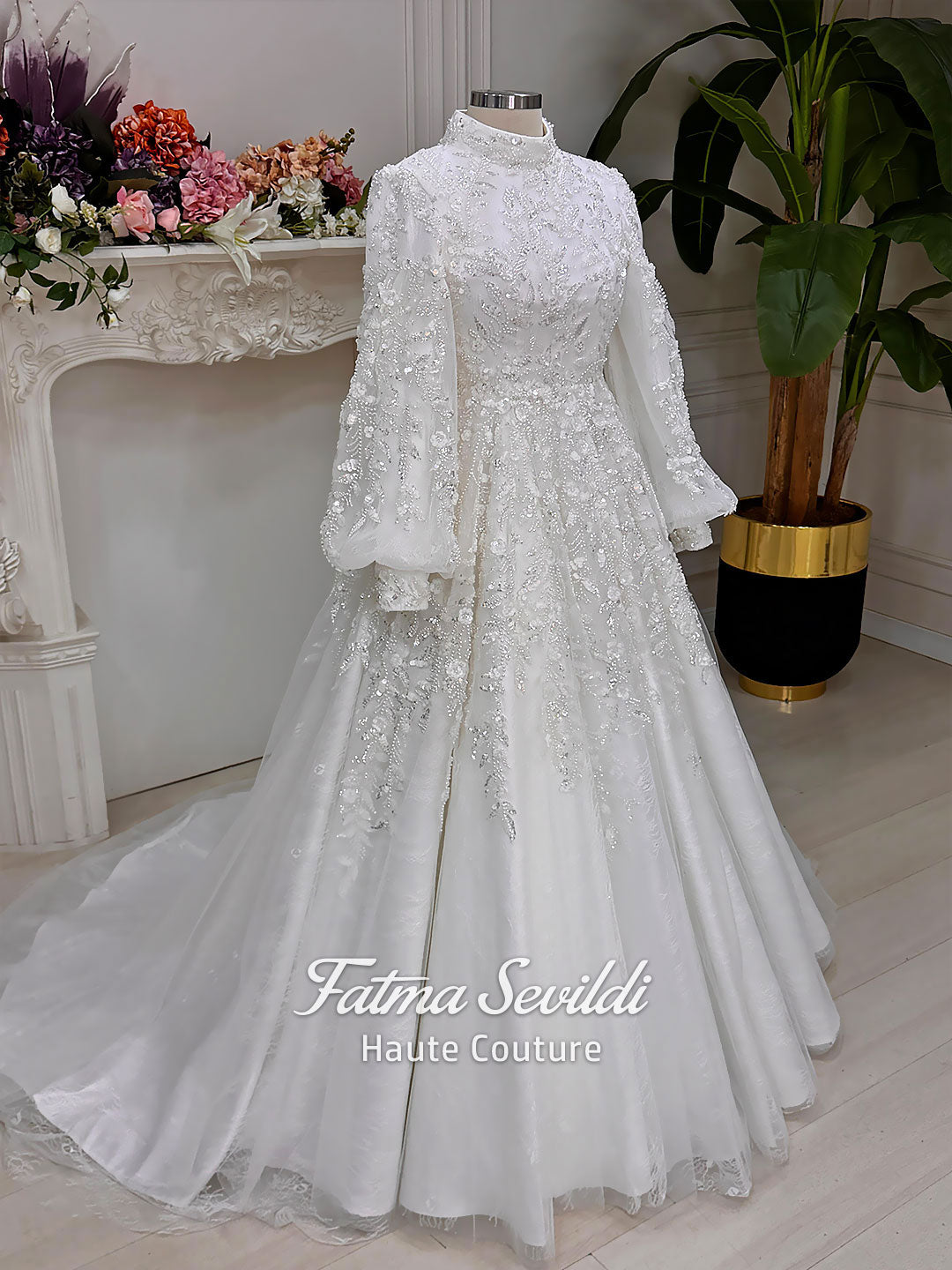 Muslim Wedding Dress Veiled, Beaded Lace High Neck Modest Bridal Gown, Hijab Style 50 / Ivory Muslim Wedding Dress Veiled, Beaded Lace High Neck Modest Bridal Gown, Hijab Style 50 / Ivory