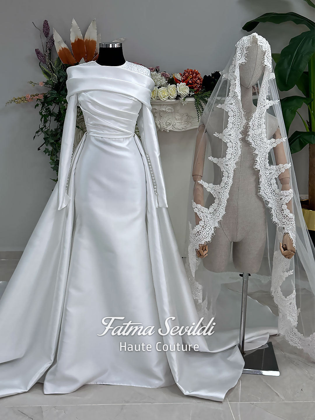 Satin Hijab Wedding Dress, Long Sleeve Mermaid Gown, Mantilla Lace Veiled Luxury Modest Bridal 50 / White