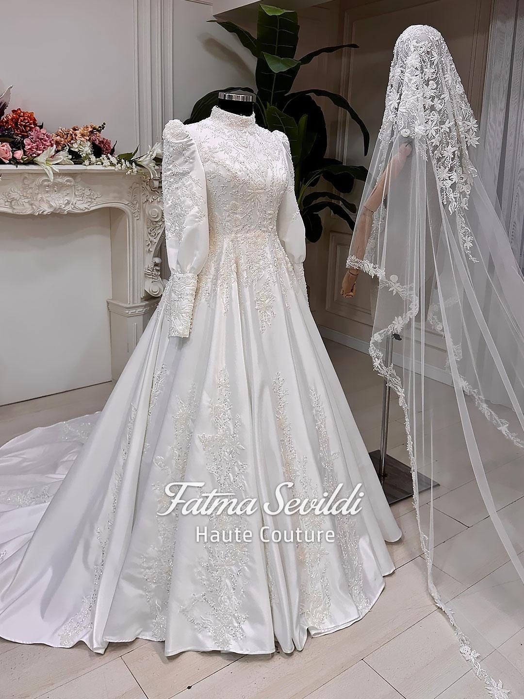 A-Line Muslim Wedding Dress, Beaded Lace Long Sleeve Modest Bridal Gown Ivory / 48