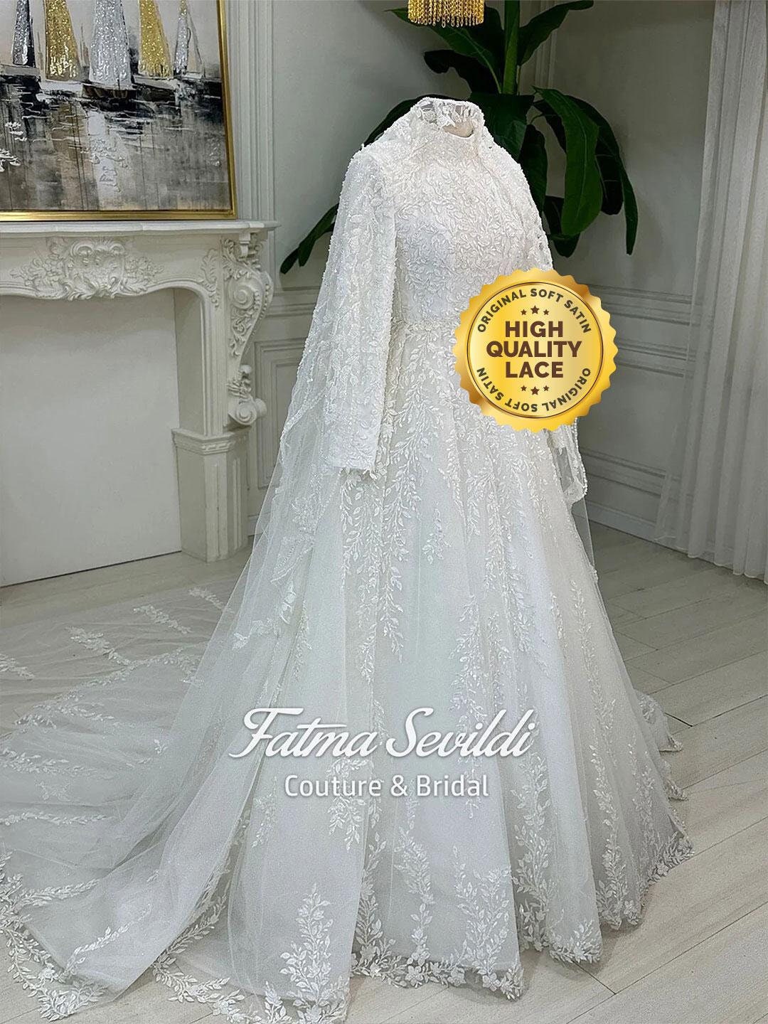 Elegant Veiled Hijab Wedding Dress, High Neck Long Sleeve Lace Ballgown Muslim Bridal Gown 50 / Ivory
