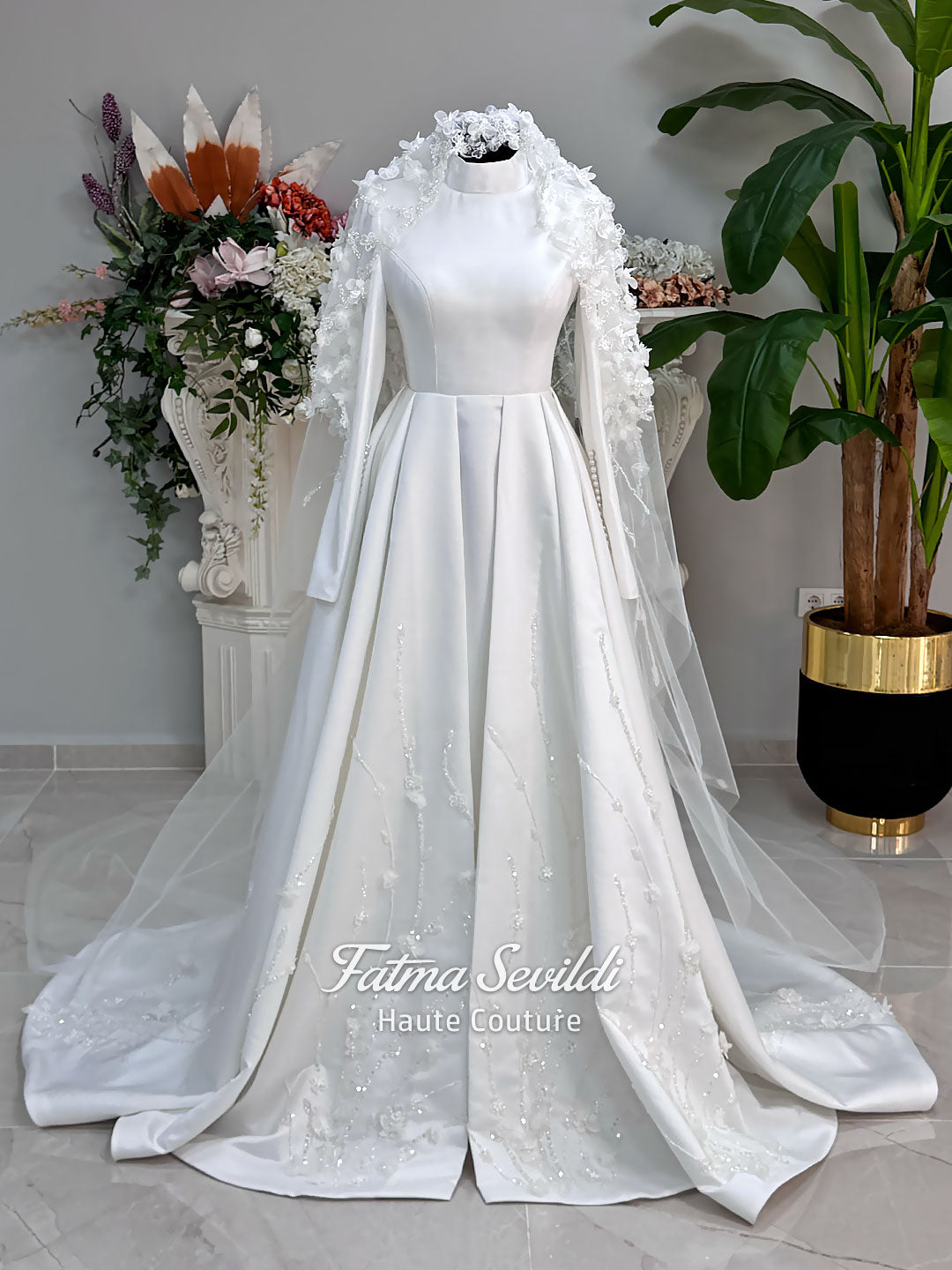 Luxury Satin Hijab Wedding Dress, Veiled Modest Bridal Gown, Long Slee –  Fatma Sevildi Couture