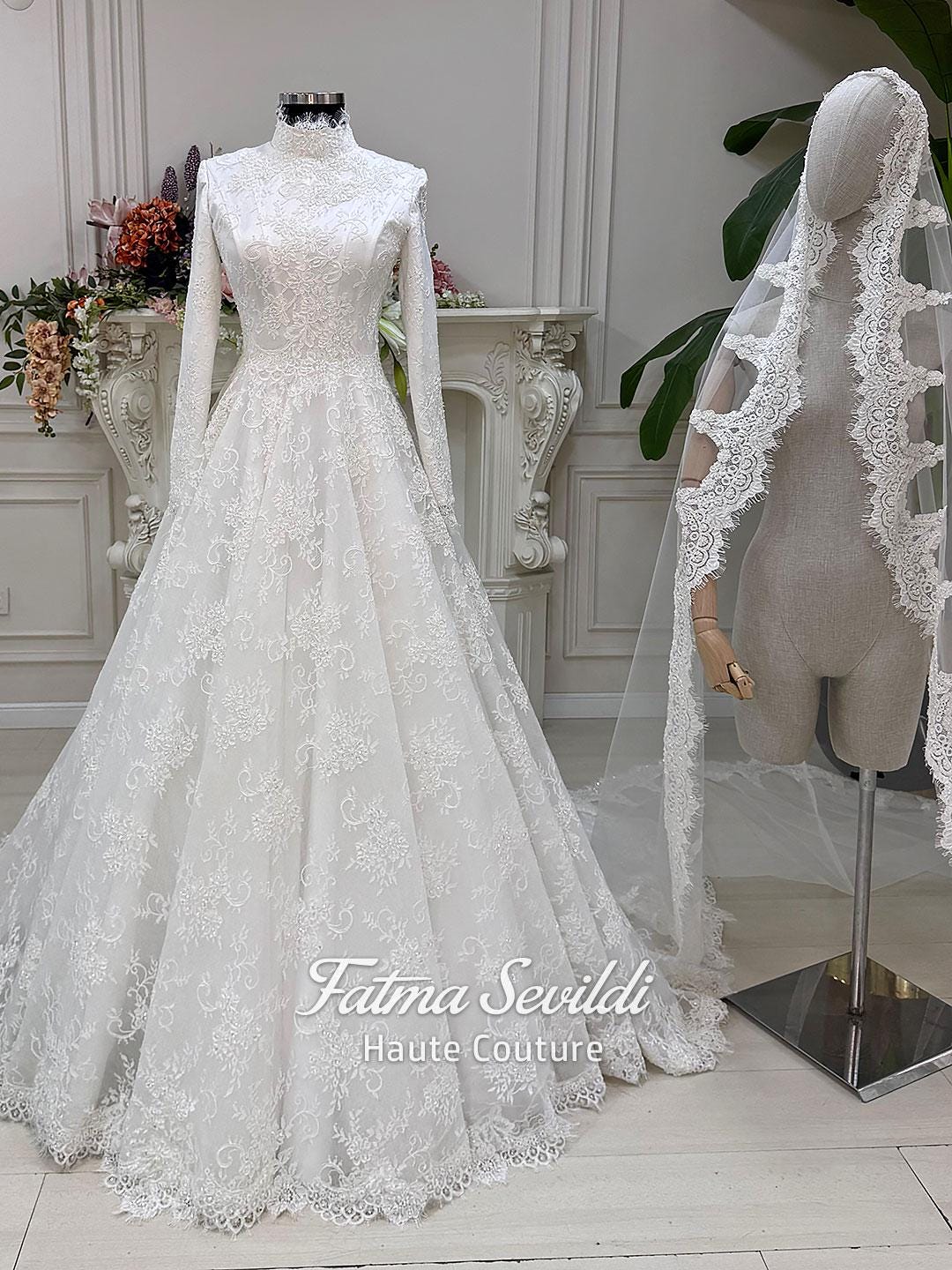 Elegant Muslim Wedding Dress, Beaded Lace Satin, High Neck Long Sleeve, Full Skirt Ivory / 40