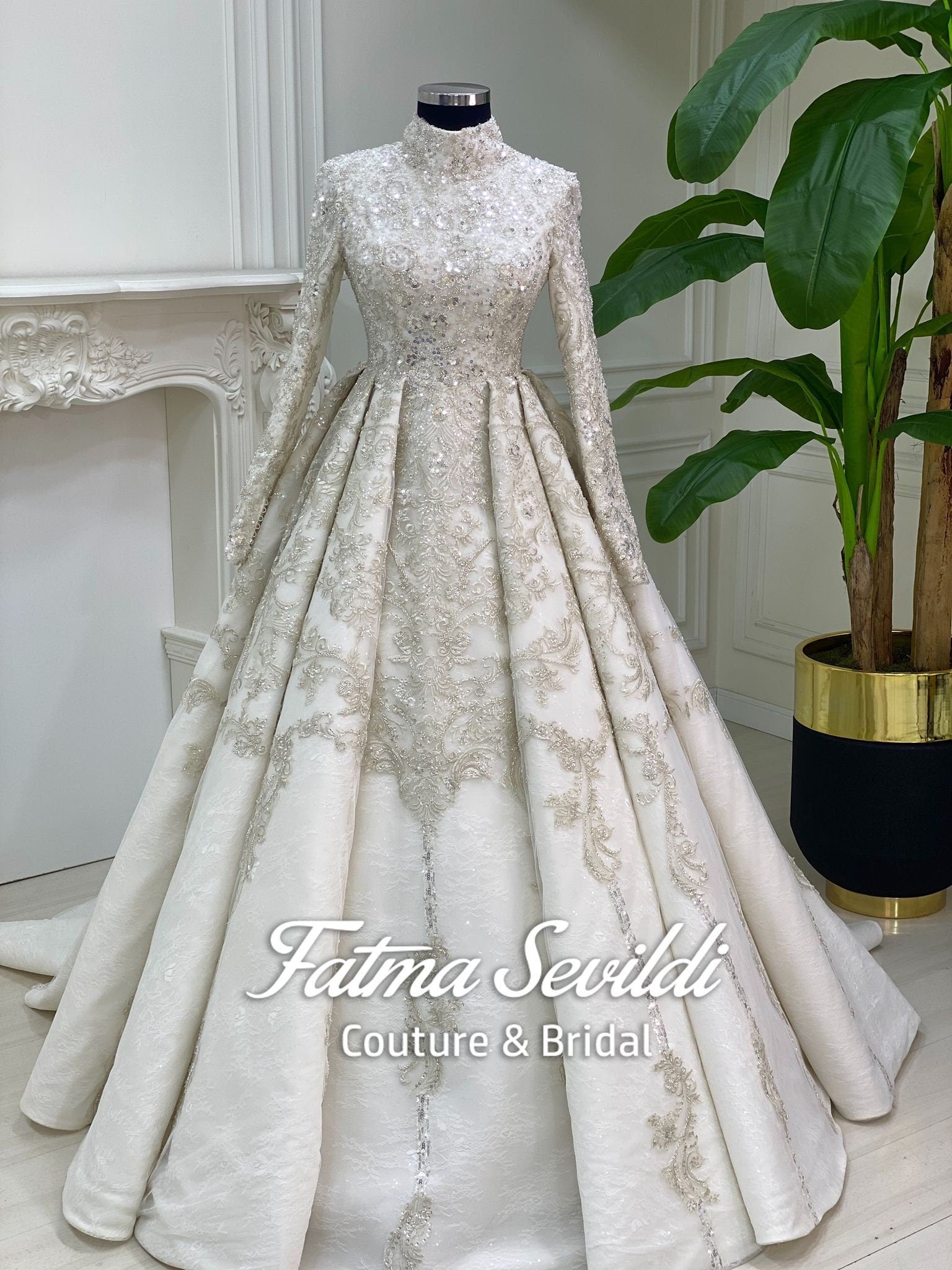 Hijab Wedding Dress, Beaded Lace Long Sleeve Modest Muslim Bridal Gown, A-Line 38 / White