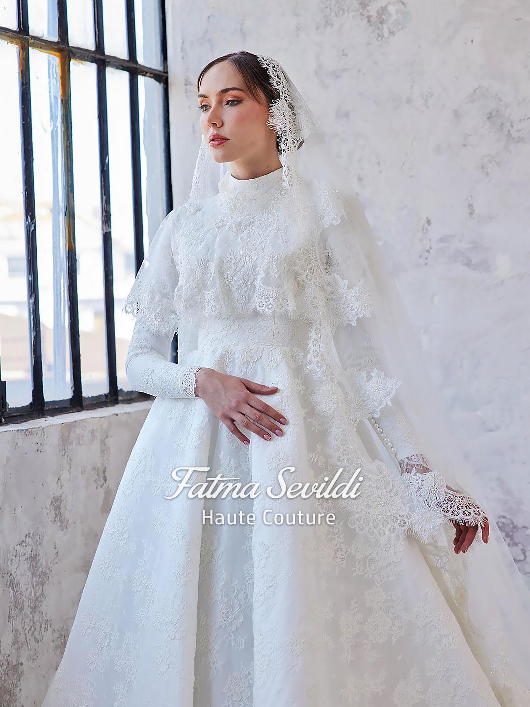 elegant modest wedding dresses Veiled Elegant Modest Hijab Wedding Dress, Long Sleeve Lace Ball Gown, Haute Couture 50 / White