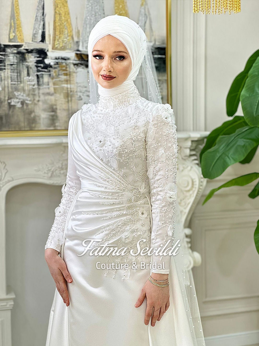 Elegant Muslim Wedding Dress, Beaded Lace Long Sleeve High Neck Modest Bridal Gown Veil 36 / White Elegant Muslim Wedding Dress, Beaded Lace Long Sleeve High Neck Modest Bridal Gown Veil 36 / White