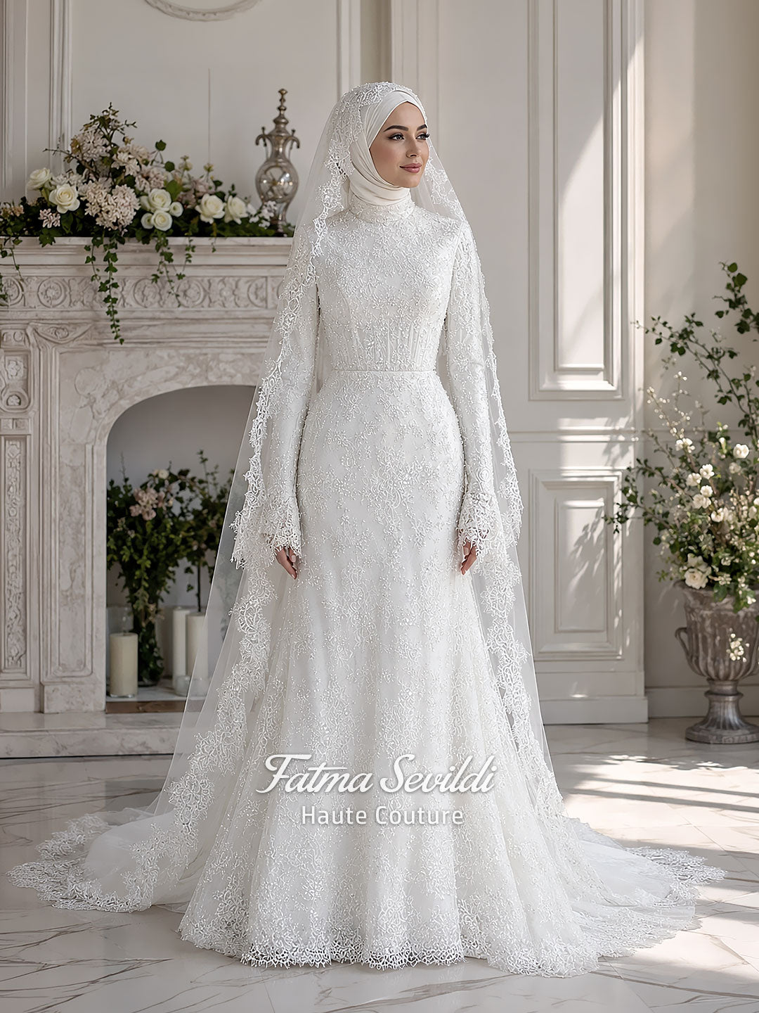 Hijab Wedding Dress, Veiled Long Sleeve Beaded Lace Corset Mermaid Gow – Fatma Sevildi Couture