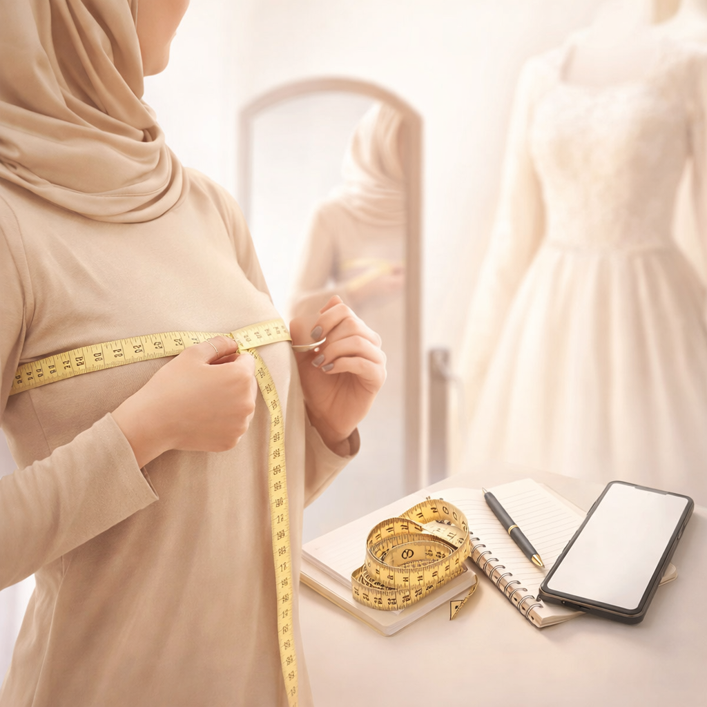 Woman measuring bust with a tape measure at home for a modest hijab bridal dress fitting, with sewing tools and a bridal gown in the background.