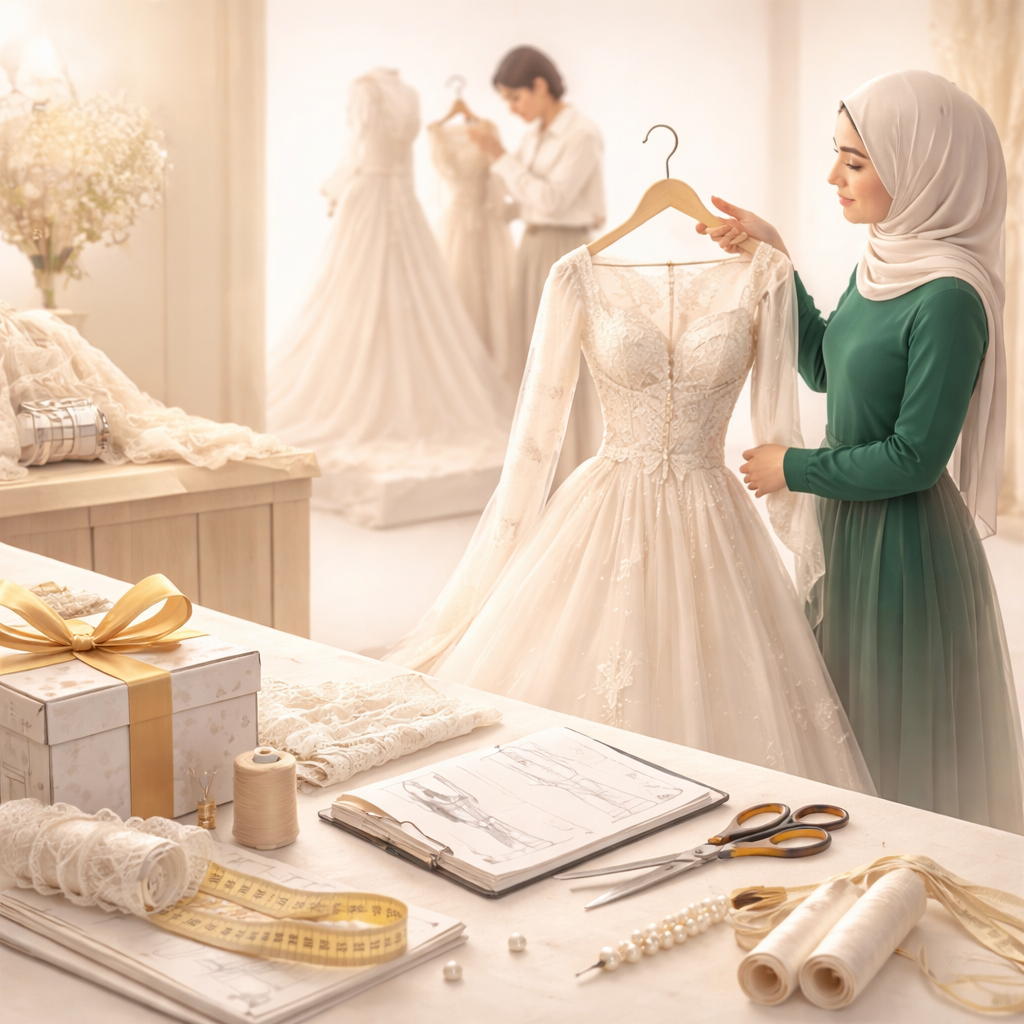 Modest bride in a hijab reviewing a handmade long-sleeve lace wedding dress in a couture atelier, with sewing tools, sketches, and measuring tape on a worktable in the foreground.