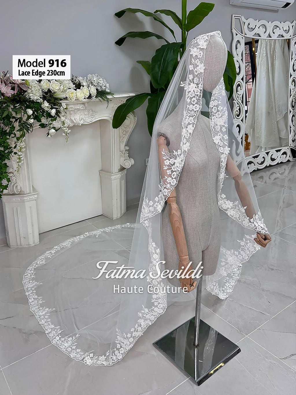Delicate 230cm white lace bridal veil with floral embroidery on mannequin