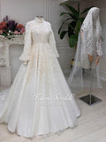 Elegant veiled hijab wedding dress with beaded lace ballgown