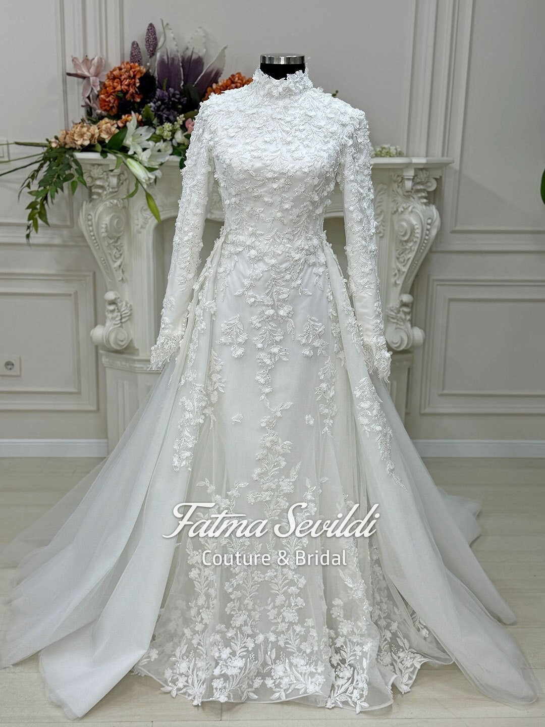 Elegant mermaid hijab wedding dress with high neck, long sleeves, 3D lace, detachable skirt
