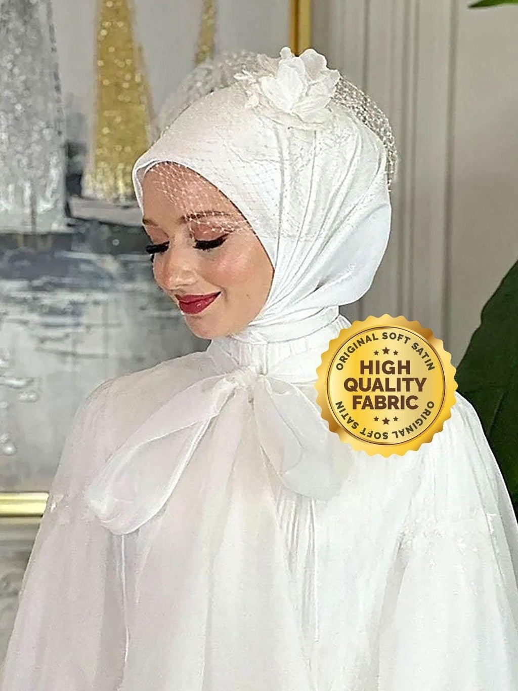 Elegant white satin bridal hijab with lace and floral details
