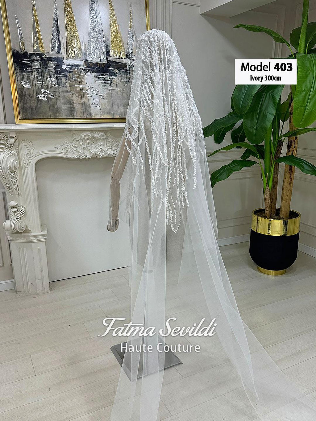 Ivory 300cm cathedral bridal veil by Fatma Sevdi Haute Couture, lace edge, mantilla style
