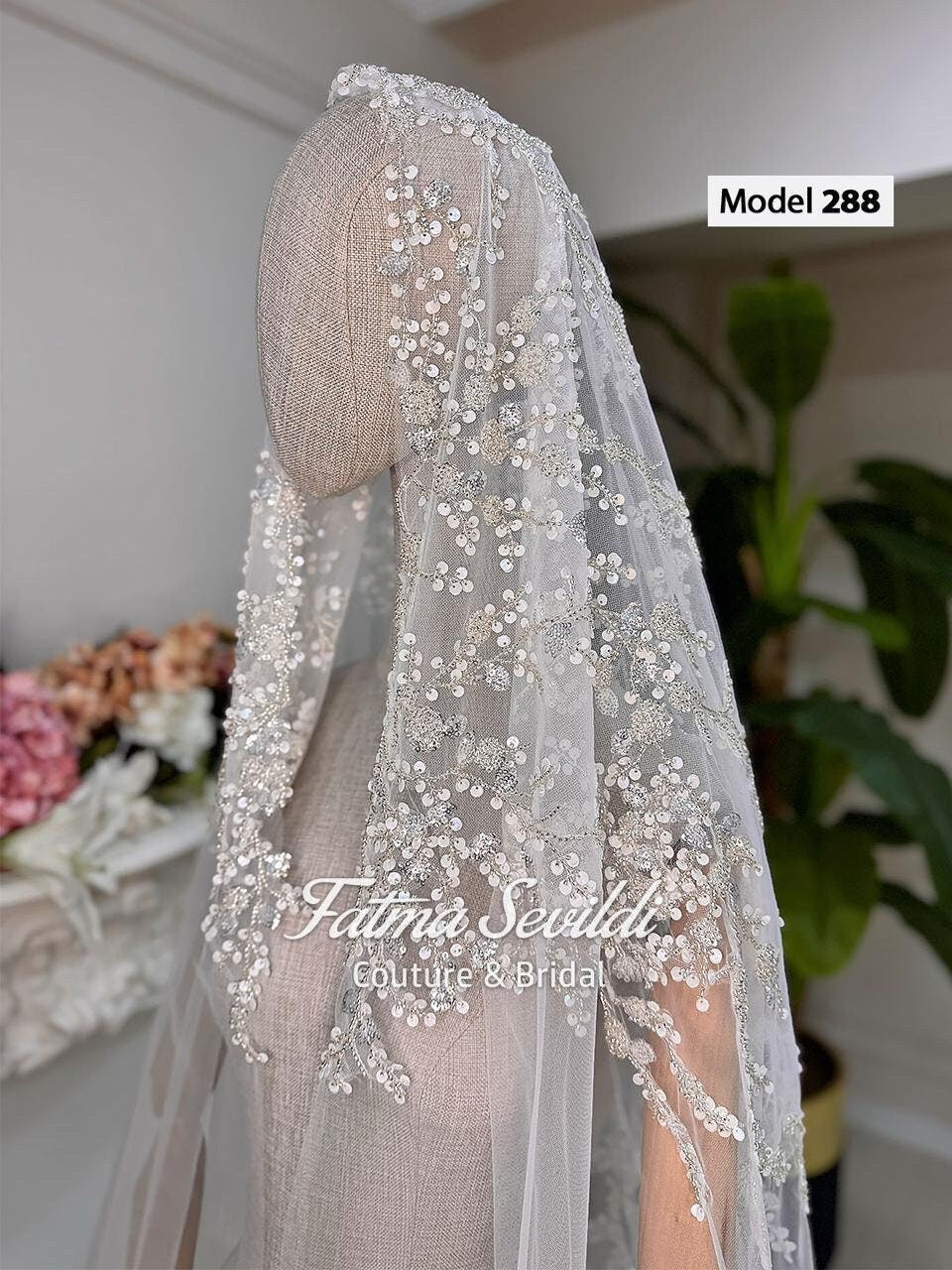 PART6 beaded lace cathedral bridal veil with silver beading and floral embroidery