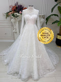 Elegant strapless lace wedding dress with beaded French lace and corset back