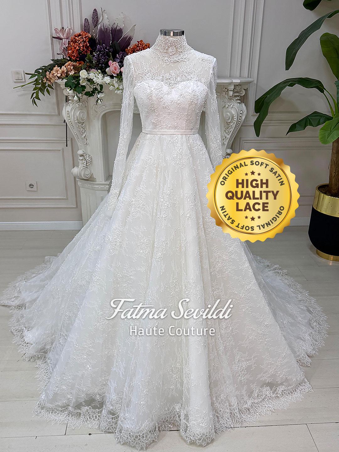 Elegant strapless lace wedding dress with beaded French lace and corset back