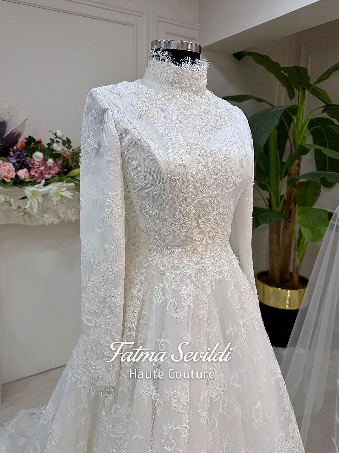 Elegant Muslim Wedding Dress, Beaded Lace Satin, High Neck Long Sleeve, Full Skirt Ivory / 40