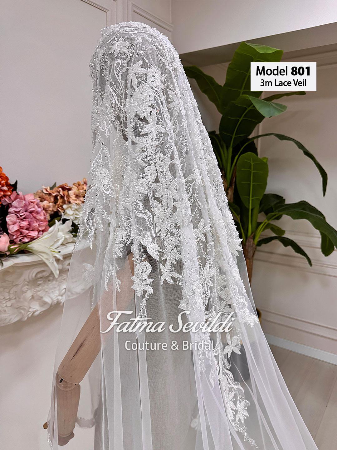 Delicate PART3 beaded lace cathedral bridal veil with floral embroidery on mannequin