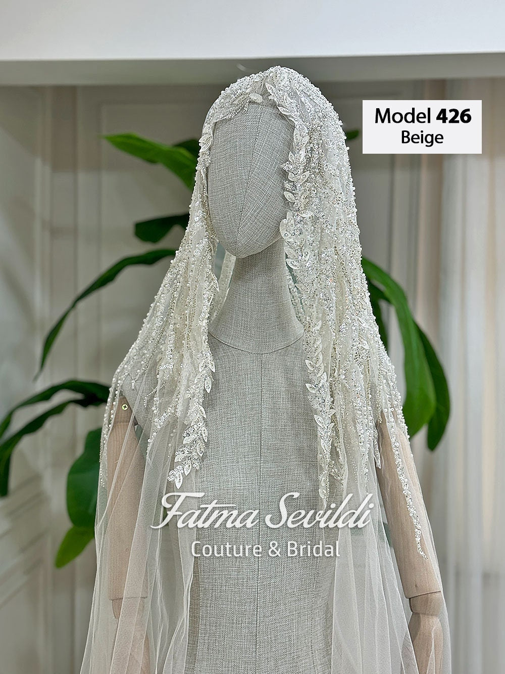 Beige hand-sewn beaded lace mantilla cathedral veil, model 426