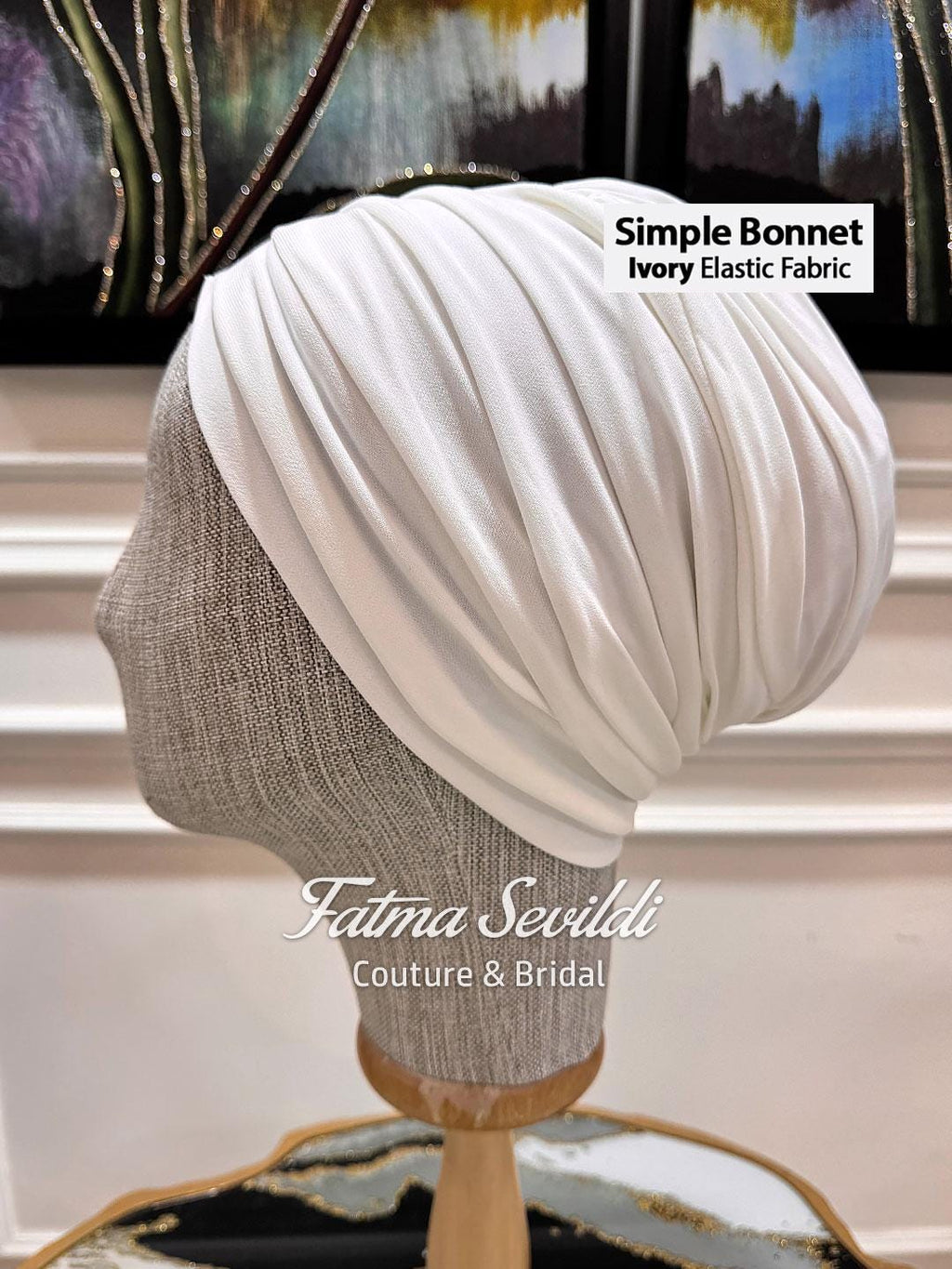 Luxury beaded bridal undercap in ivory elastic fabric with pleats