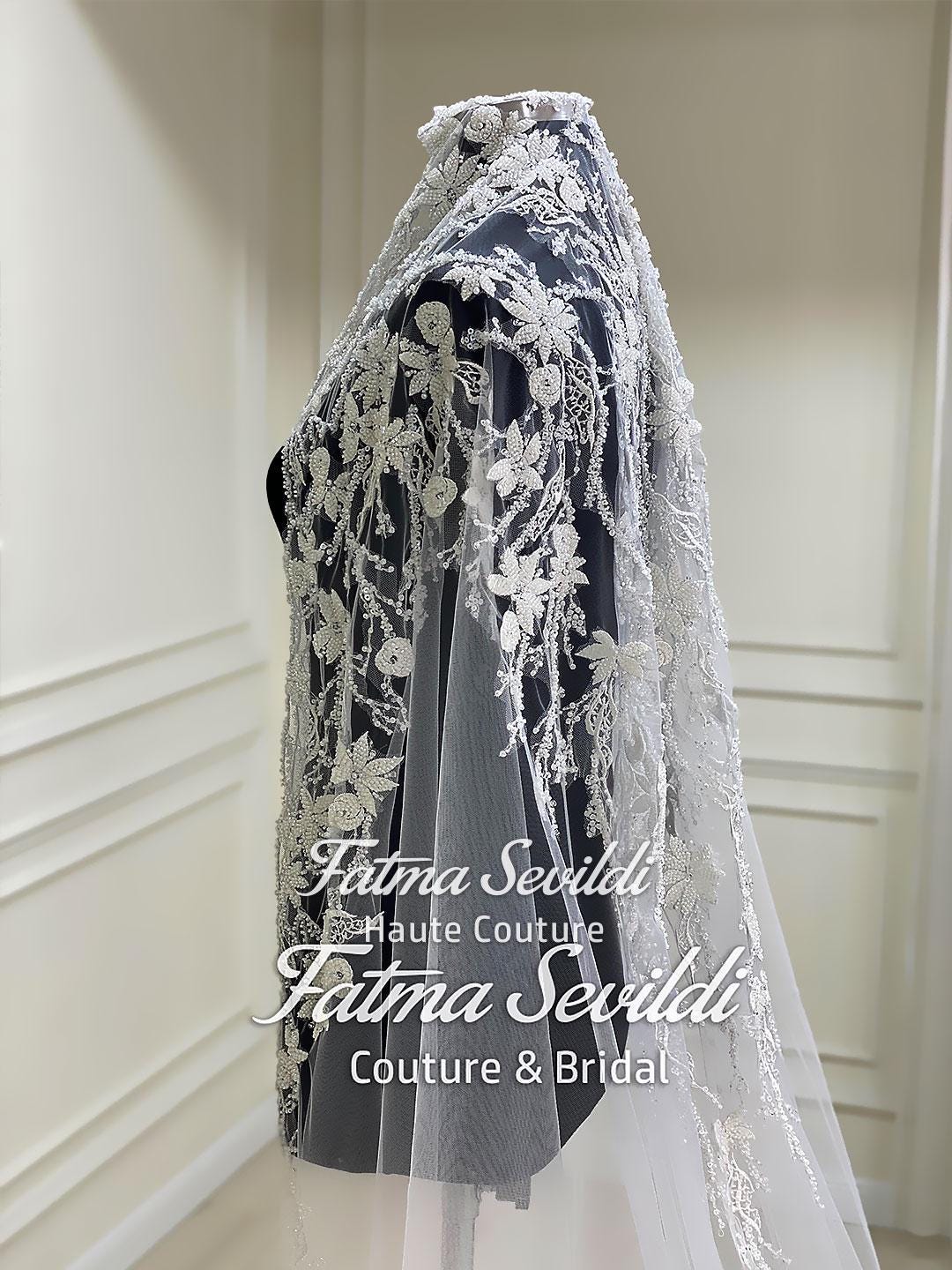 Elegant black and silver lace bridal veil with floral embroidery