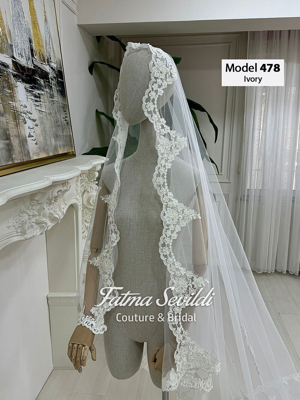 Ivory lace cathedral bridal veil with floral embroidery and hijab option