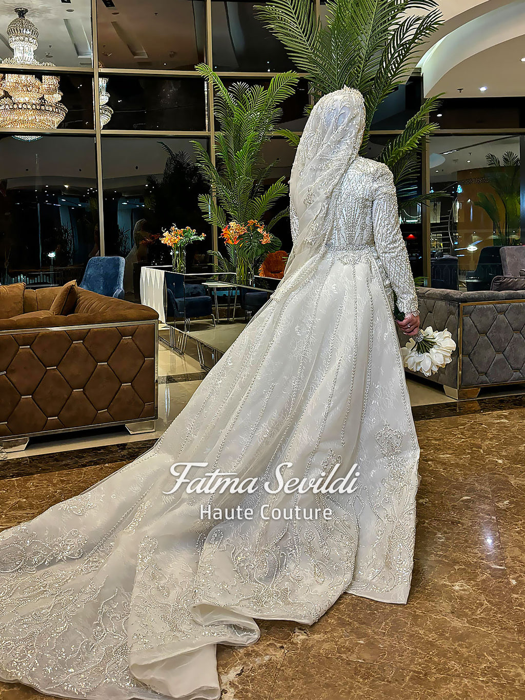 Luxury Hijab Wedding Dress, Sparkly Beaded Modest Bridal Gown, Long Sleeve