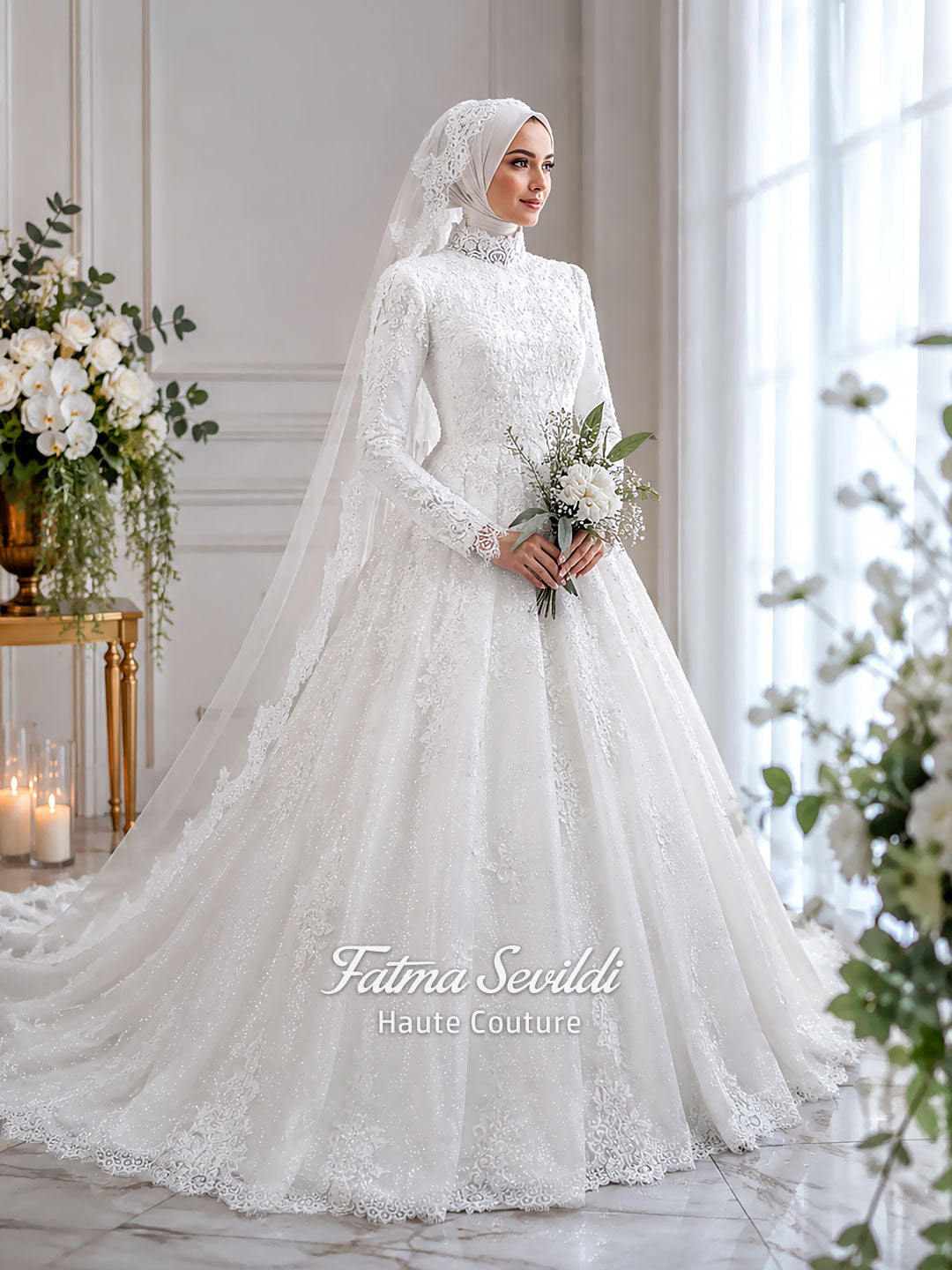 Luxury Hijab Wedding Dress Veiled Sparkle Tulle Long Sleeve Modest Bridal Gown