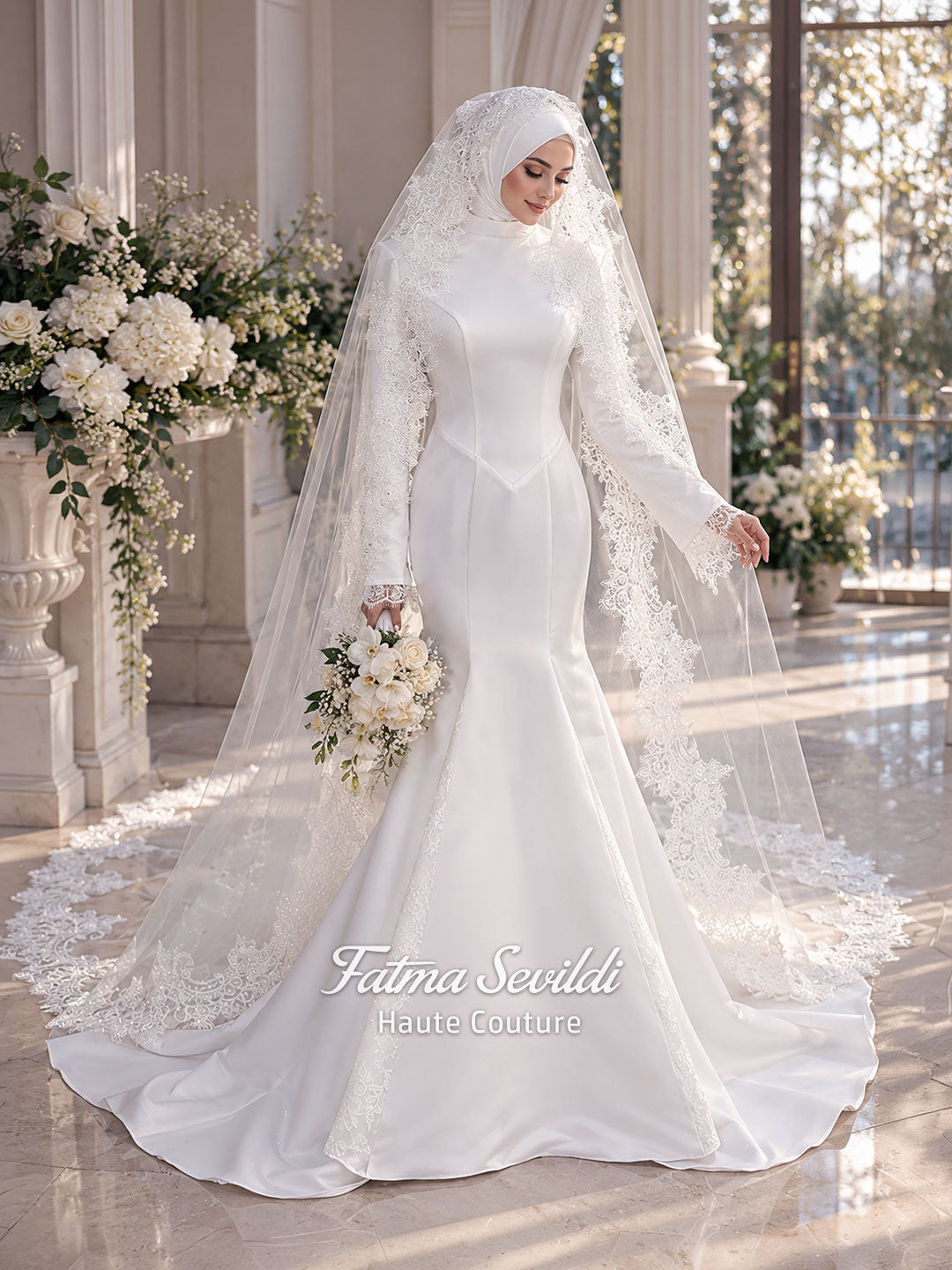 White mermaid satin-look hijab wedding dress with a high neckline, long sleeves, fitted bodice and floor-length train, styled with an intricate floral lace bridal veil. Fatma Sevildi Haute Couture modest bridal design.