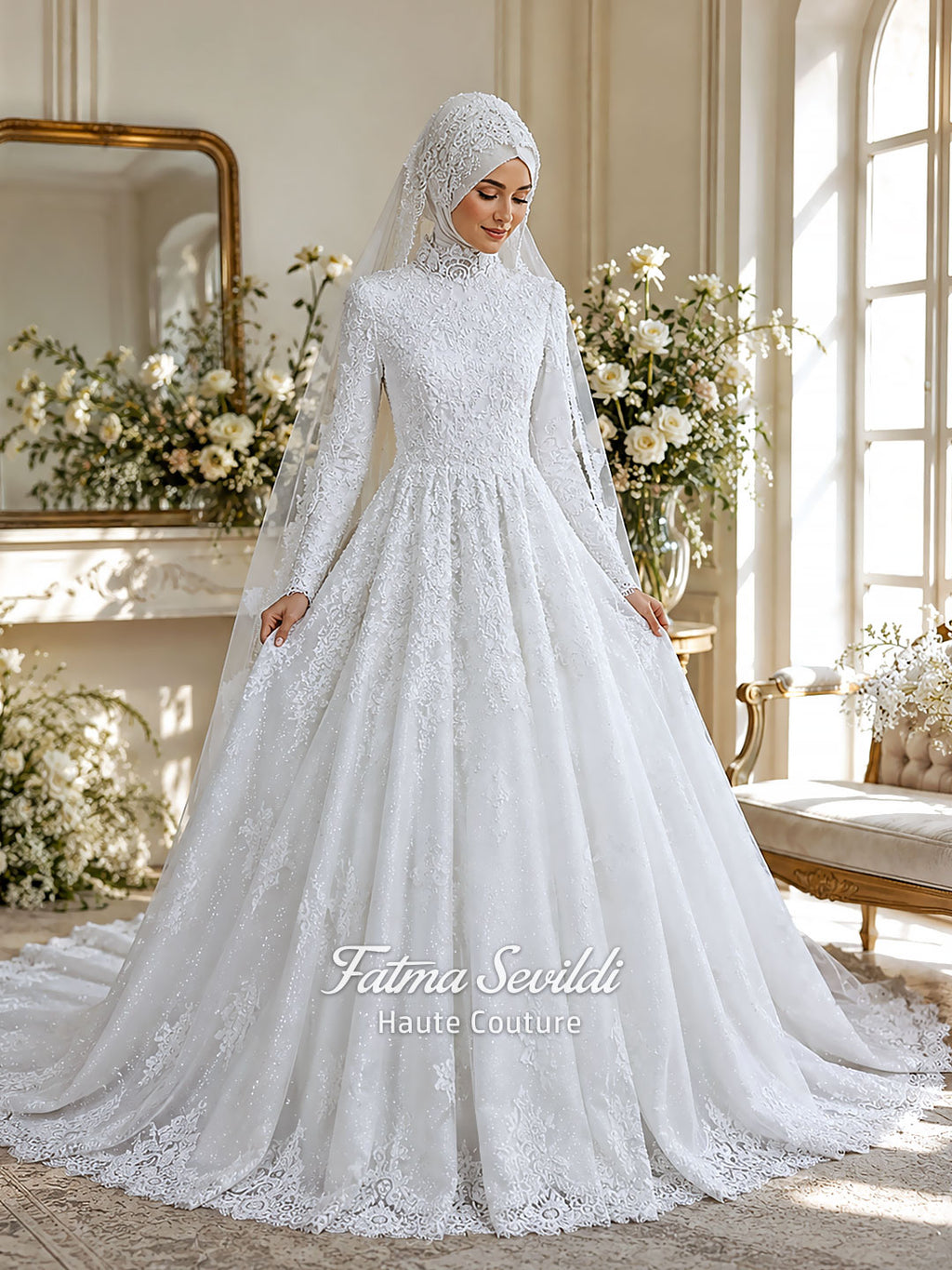 Luxury Hijab Wedding Dress Veiled Sparkle Tulle Long Sleeve Modest Bridal Gown