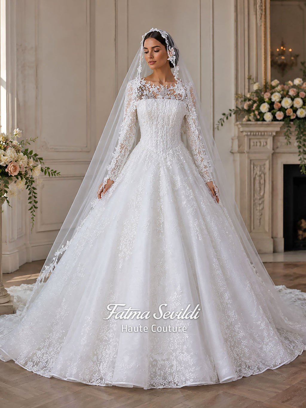 Luxury white hijab wedding dress with long floral lace sleeves, a beaded princess skirt, illusion boat neckline, and a matching premium lace-edged veil.