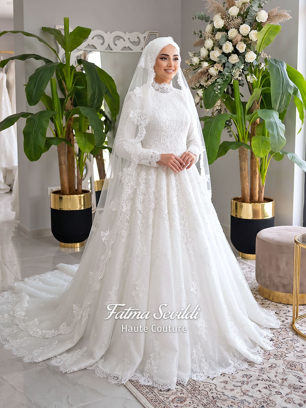 Luxury Hijab Wedding Dress Veiled Sparkle Tulle Long Sleeve Modest Bridal Gown