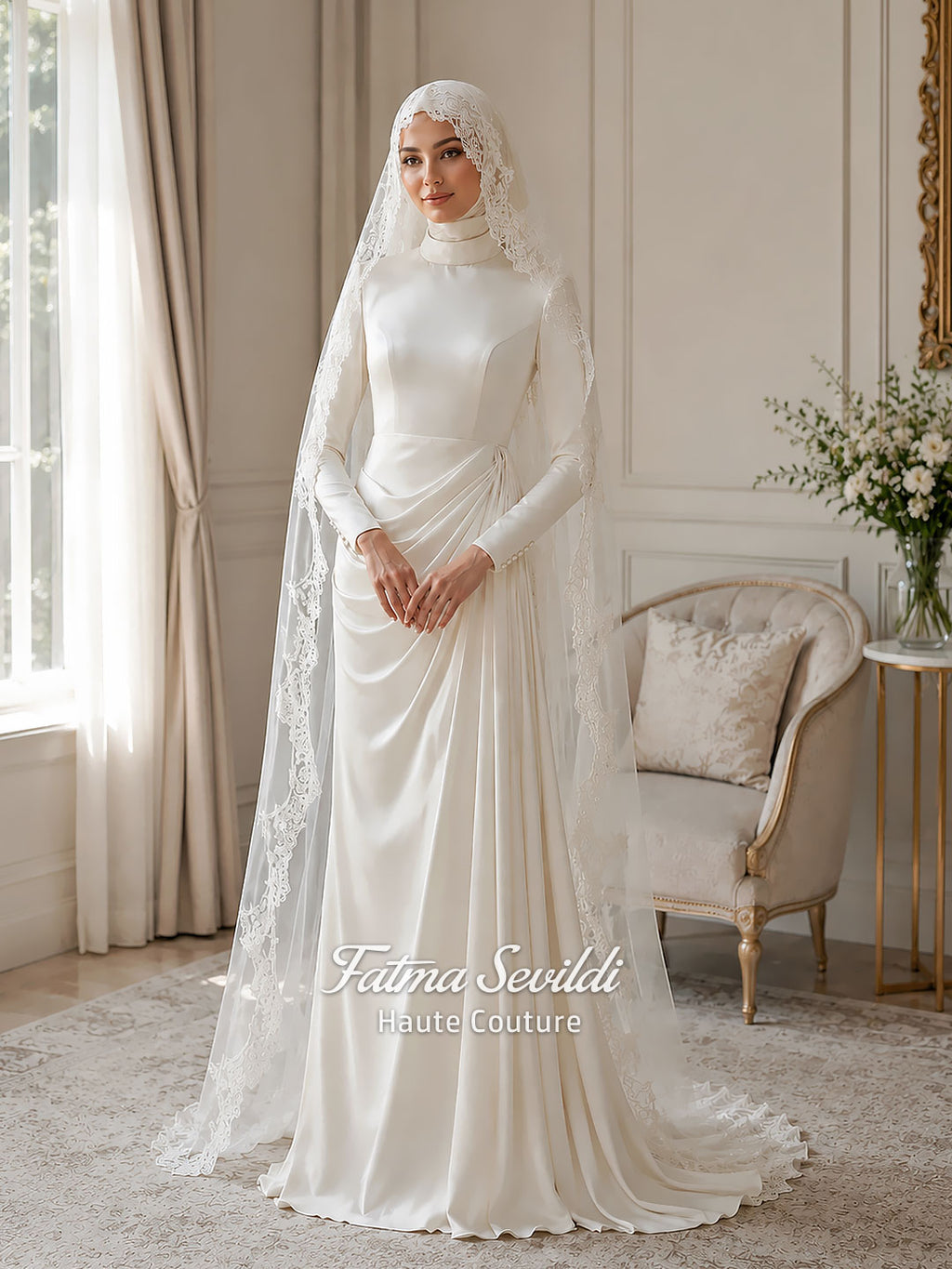 Luxury ivory hijab wedding dress with a high neckline, long sleeves, draped satin skirt and included premium lace veil displayed in a bridal atelier.
