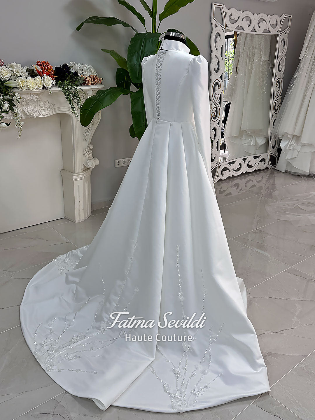 Luxury Satin Hijab Wedding Dress, Veiled Modest Bridal Gown, Long Sleeve A-Line 36 / White