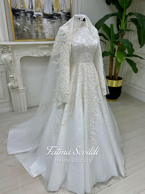 3D Lace Muslim Wedding Dress, Beaded Long Sleeve Modest Bridal Gown