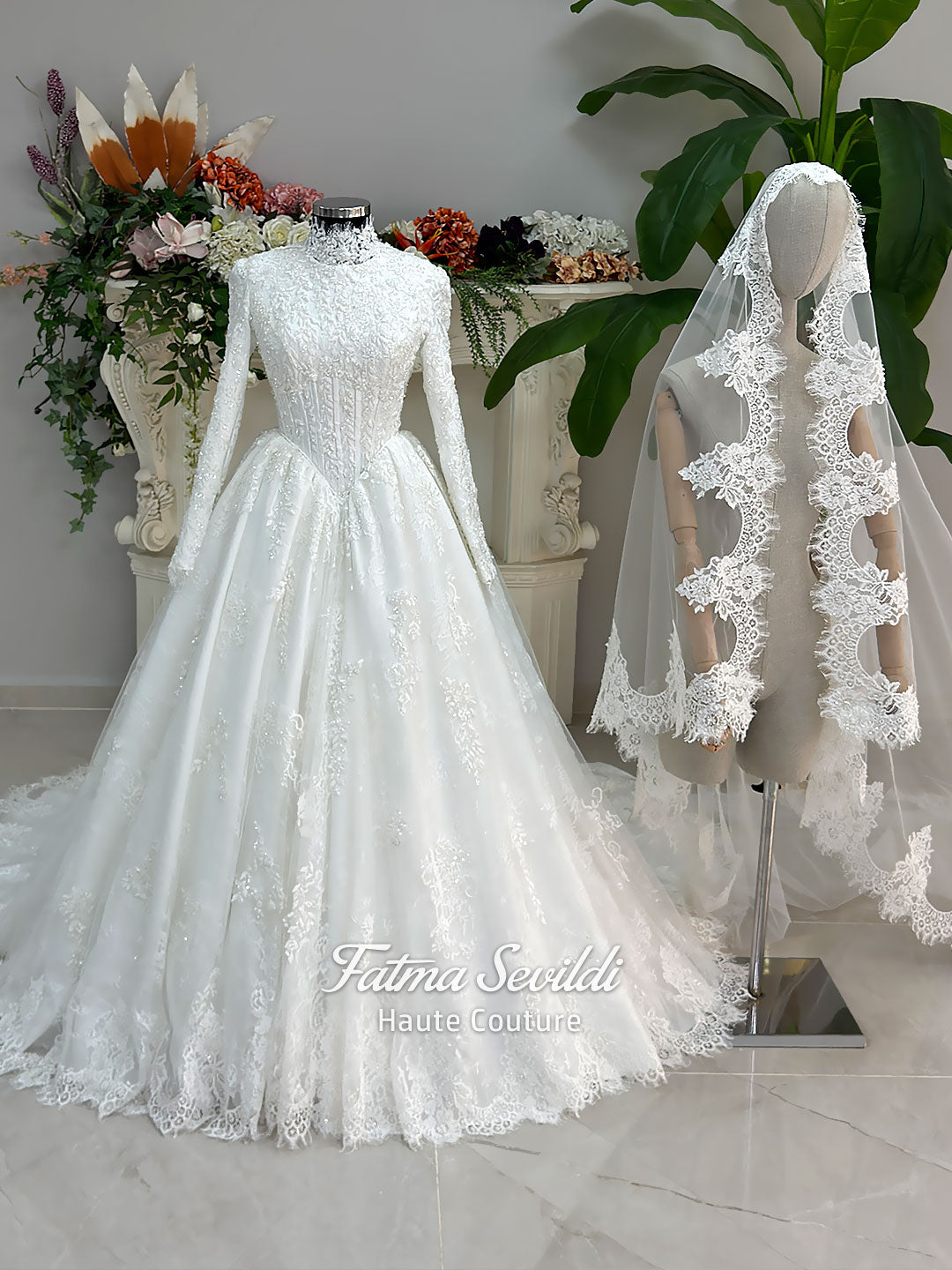 Beaded Lace Corset Hijab Wedding Dress, Long Sleeve High Neck, Veiled Luxury Lace Bridal 40 / White
