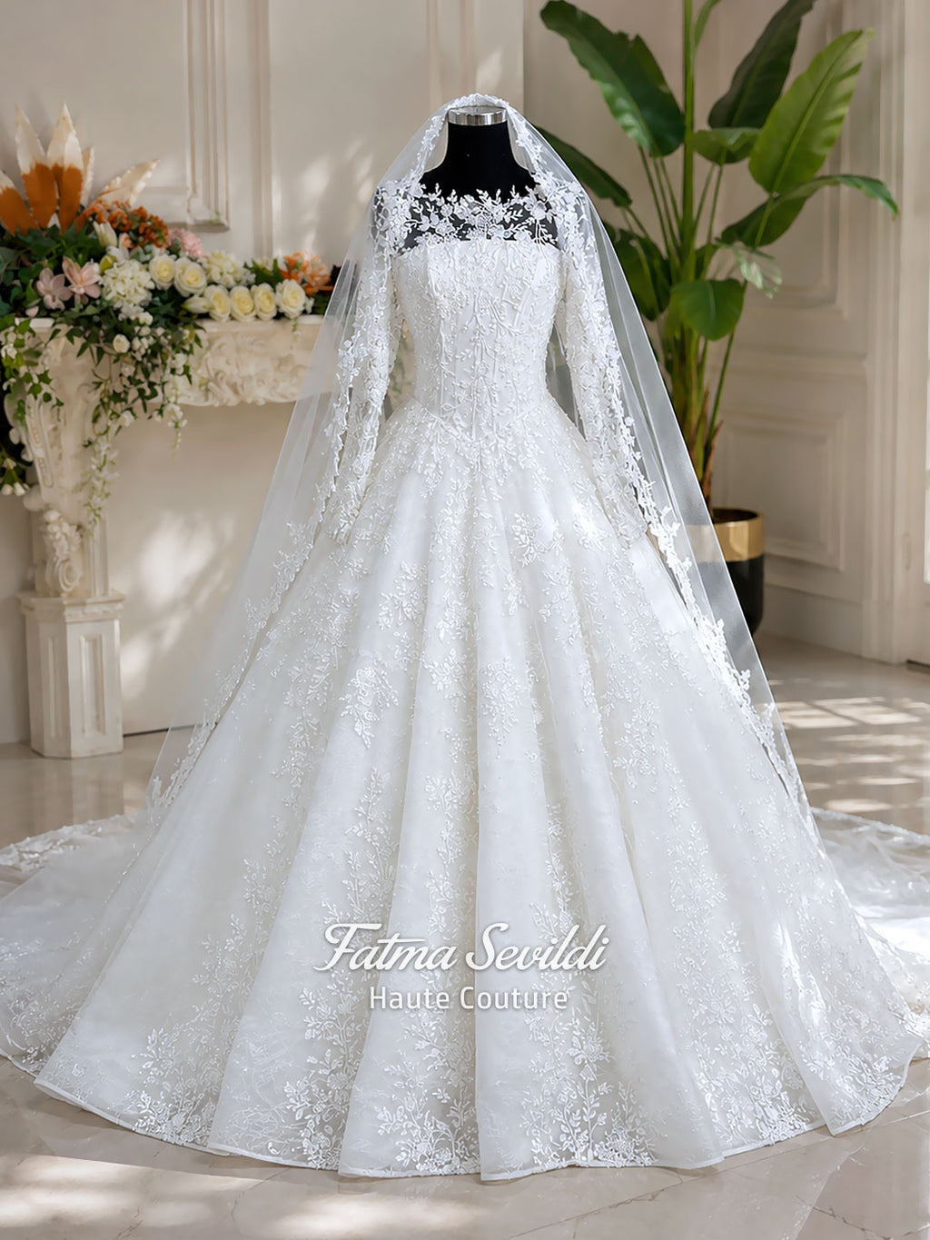 Luxury white hijab wedding dress with long floral lace sleeves, a beaded princess skirt, illusion boat neckline, and a matching premium lace-edged veil.