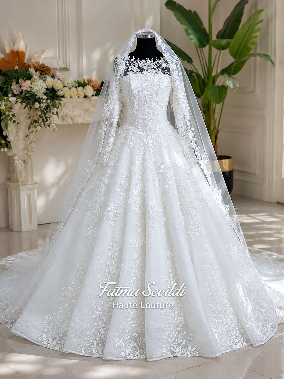Luxury white hijab wedding dress with long floral lace sleeves, a beaded princess skirt, illusion boat neckline, and a matching premium lace-edged veil.