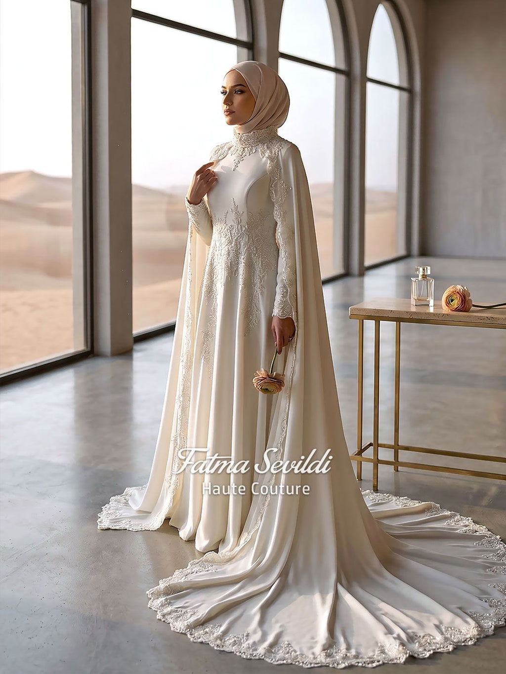 Modest Hijab Wedding Dress with Detachable Lace Cape | Long Sleeve Bridal Gown