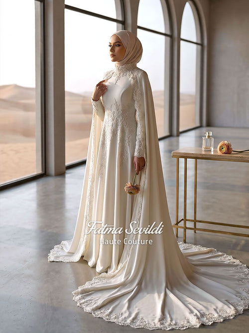 hijab wedding dress Modest with Detachable Lace Cape | Long Sleeve Bridal Gown Baddie Dress Poses | general_Train Ball Gown Item Type Color:Dark Brown Flip Flops