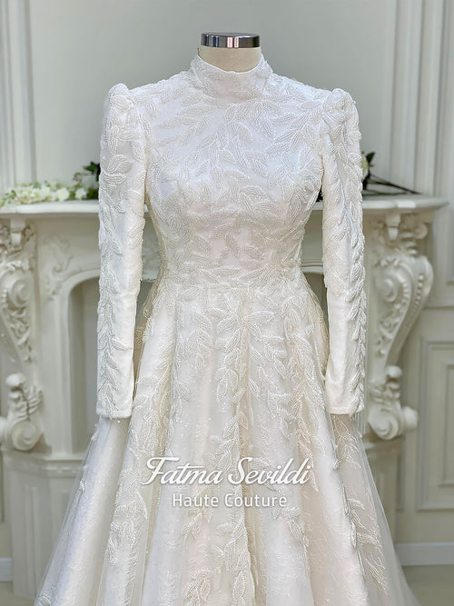 Elegant Hijab Wedding Dress, Beaded 3D Lace, High Neck, Long Sleeve A-Line Gown
