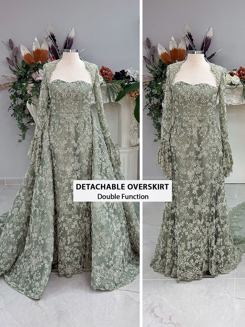 Sage green evening dress with beaded floral lace, a sweetheart neckline and long sleeves with flared lace cuffs, displayed on a mannequin.