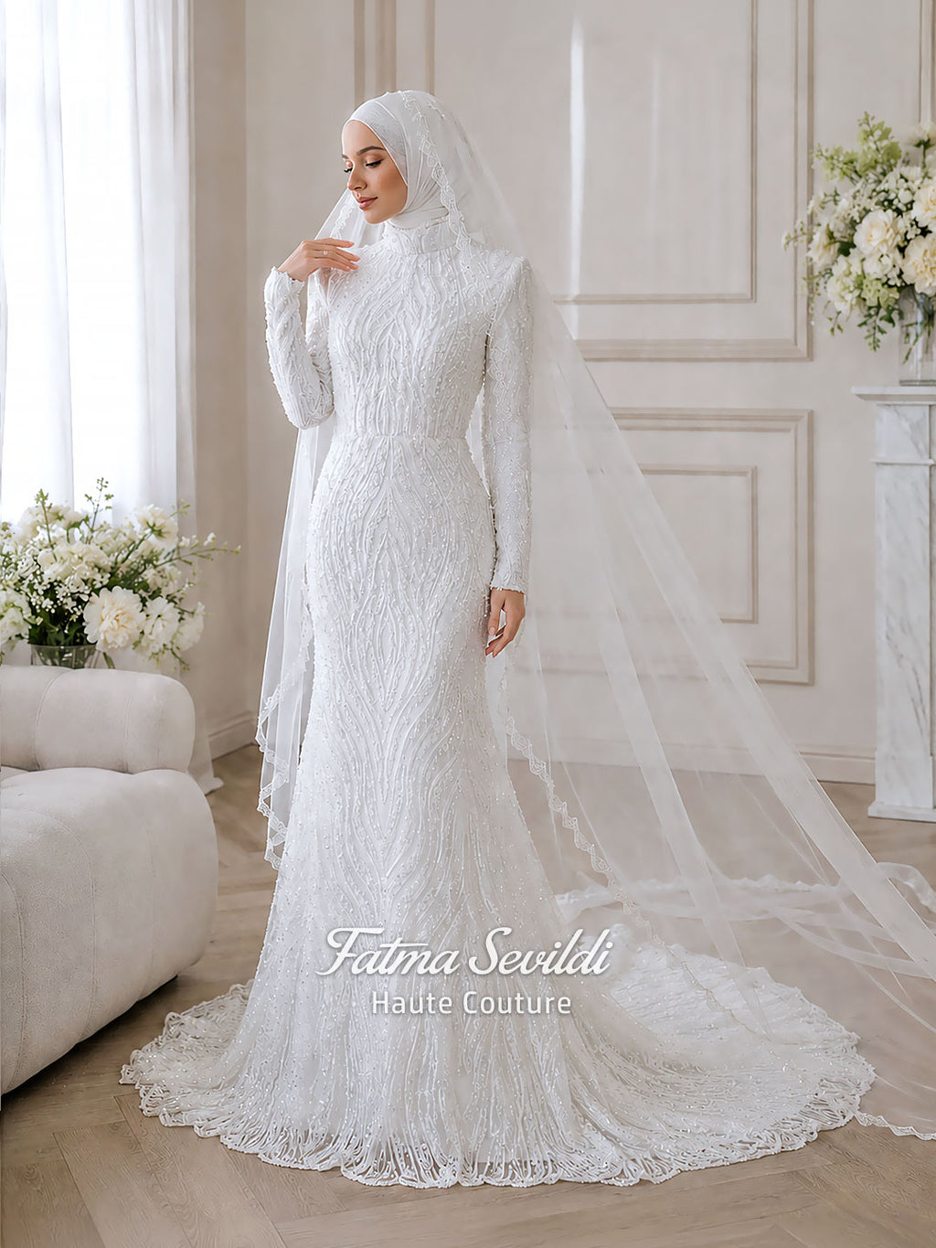 Çıkarılabilir Etekli Balık Kesim Tesettür Gelinlik, Uzun Kollu Yüksek Yaka, Duvaklı Couture Gelinlik