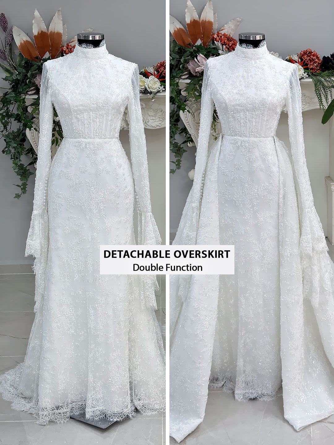 Luxury hijab wedding dress with long flounce sleeves, a high mock neckline, beaded floral lace, corset fit, mermaid silhouette, detachable overskirt, and included lace veil. Modest Muslim bridal gown shown from front, back, and detail views.