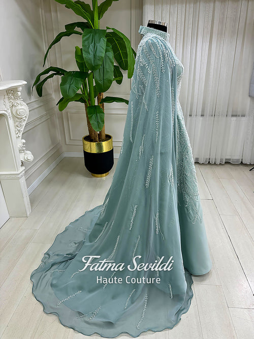 Elegant Caped Lace Hijab Evening Gown, High Neck Long Sleeve Beaded Ballgown