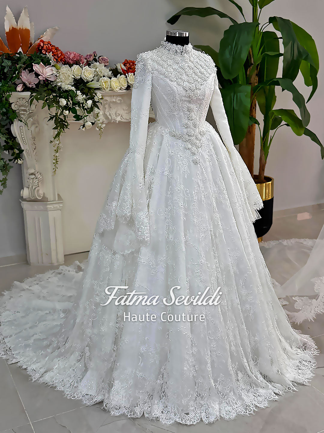 hijab formal dresses Luxury Modest Ballgown, Hijab Basque Wedding Dress, Long Sleeve High Neck, Veiled 48 / White