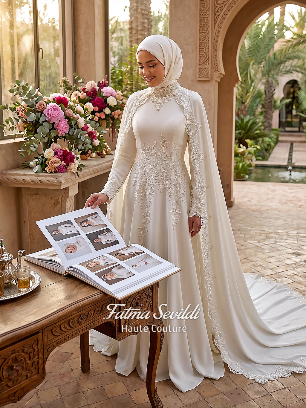 Modest Hijab Wedding Dress with Detachable Lace Cape, Long Sleeve Bridal Gown