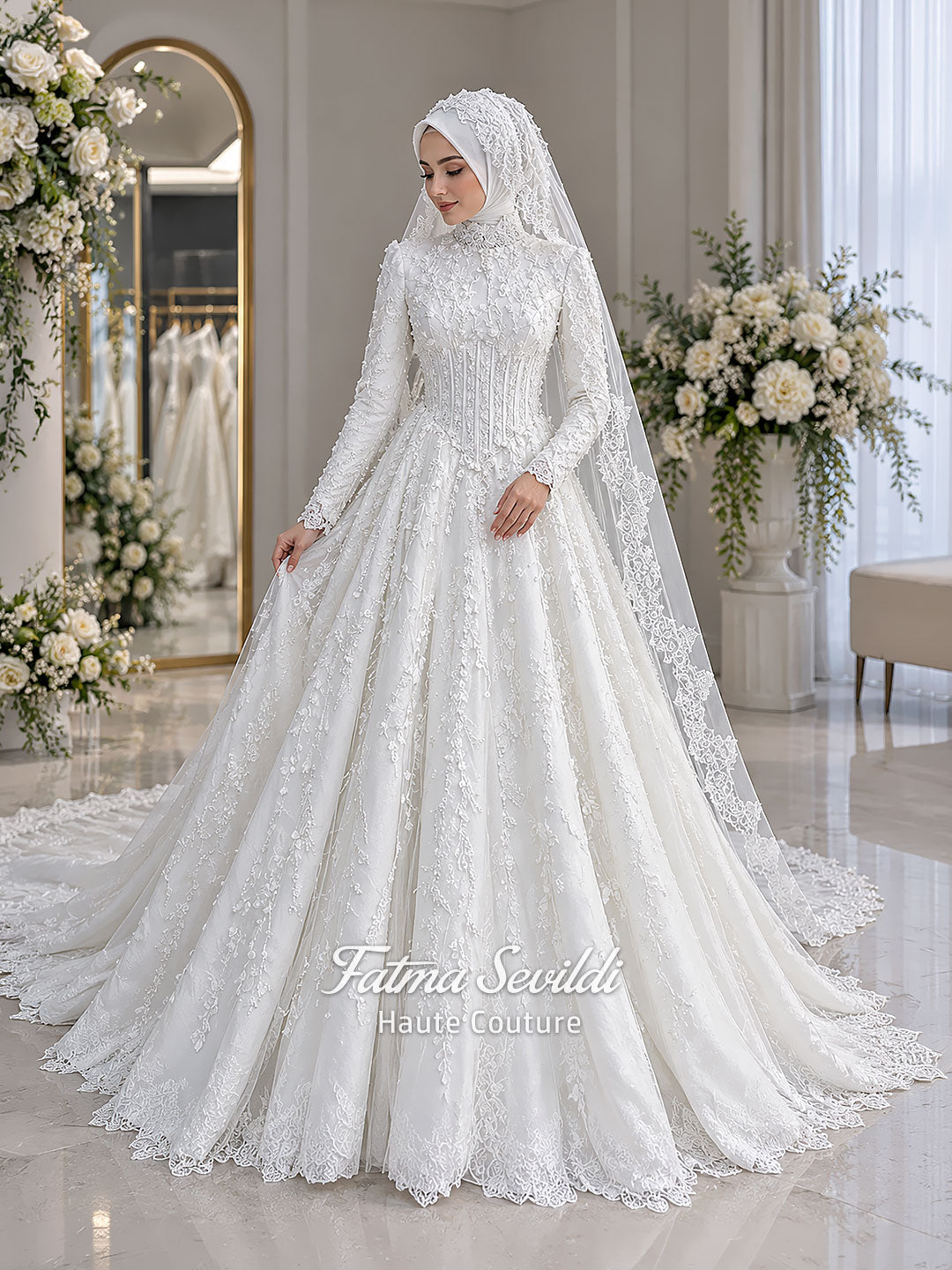 White hijab wedding dress with long sleeves, high lace neckline, floral embroidery and a full modest bridal skirt, shown with a premium lace veil. Luxury Muslim wedding gown with detailed lace and elegant full coverage.